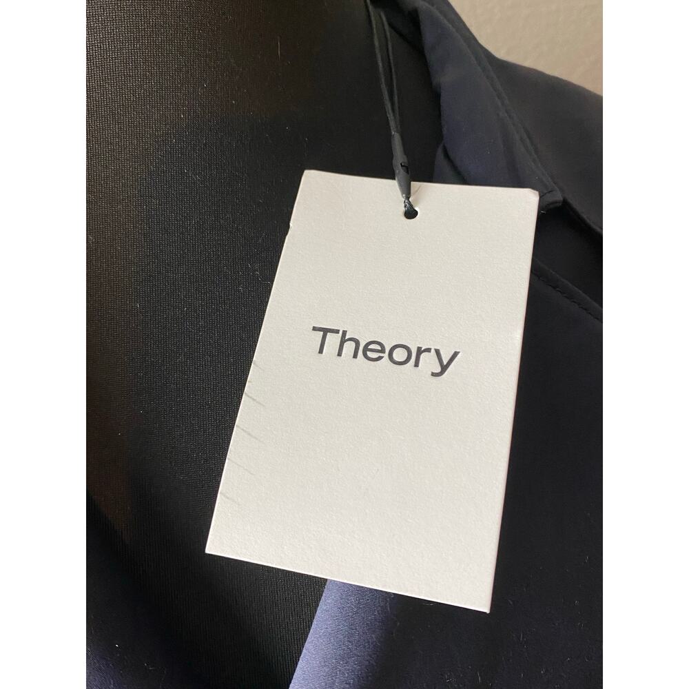 THEORY SILK TRENCH Coat Midnight Blue Sz Large NWT Elegant Designer Classic Fit - Picture 2 of 12